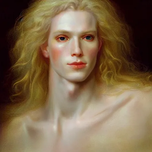 Prompt: a striking hyper real painting of Lucius the pretty pale androgynous albino prince, golden hour, beautiful delicate smile soft pink lips and lavender eyes, long fluffy curly light blond hair by Jan Matejko
