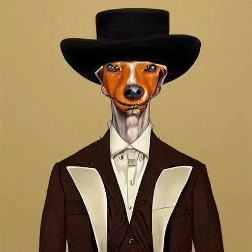 Prompt: Portrait of an anthropomorphic White Greyhound wearing a black fedora hat and smoking a cigar in a very smokey room. Very high quality. Drawn by James Christensen