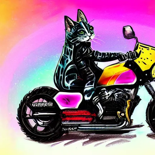 Image similar to wide angle full body, jacket wearing fluffy cute rainbow kitten wearing a black leather motorcycle jacket, riding on a motorcycle, cinematic concept art