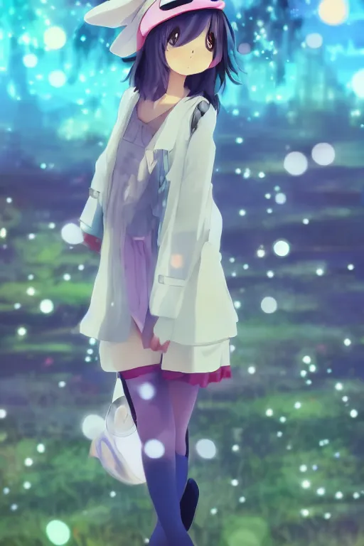 Prompt: Poster of tonemapped Smiling anime girl with bunny hat in the style of Makoto Shinkai and Yun Koga