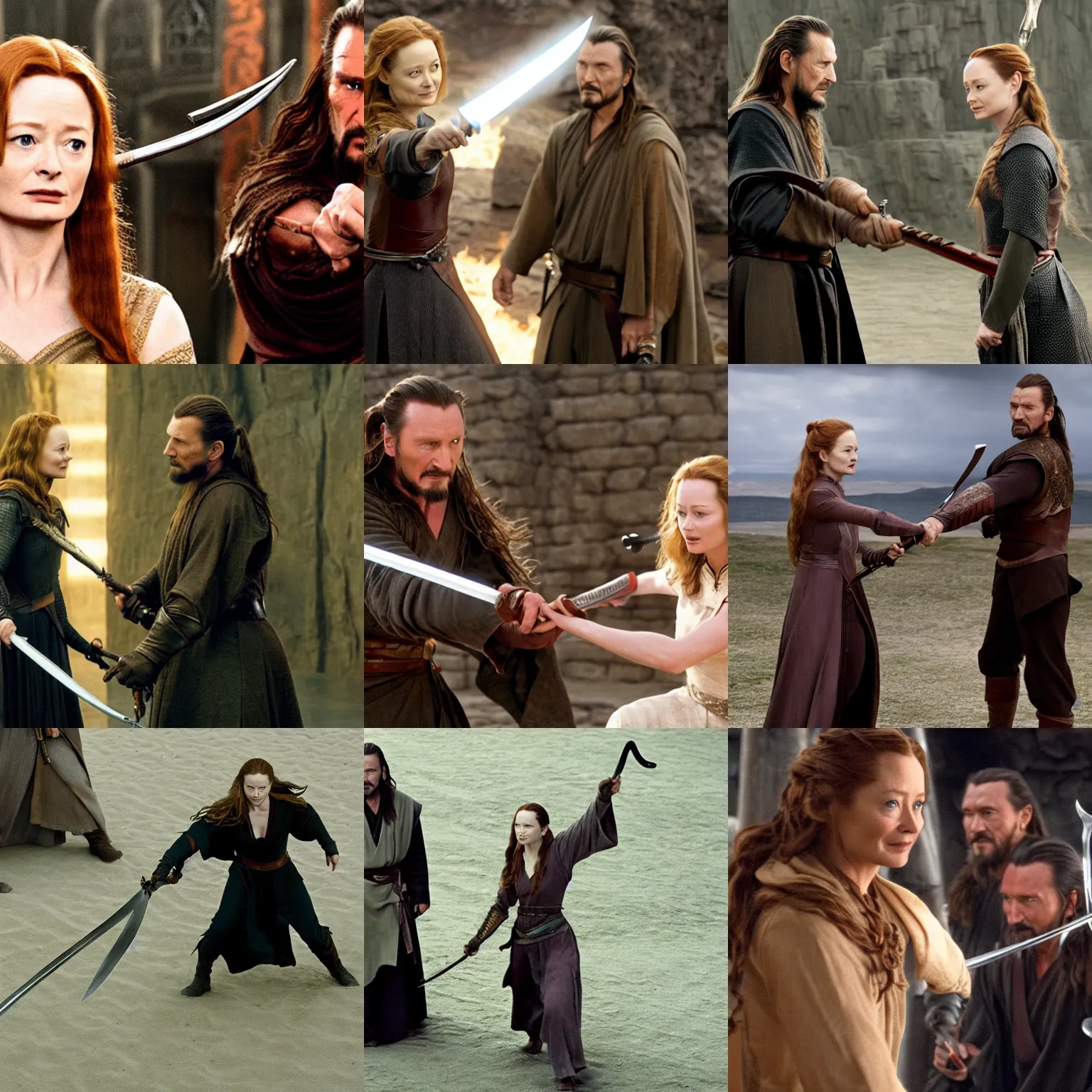 Prompt: miranda otto / eowyn swinging a sword at liam neeson / qui - gon jinn