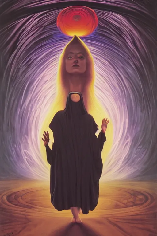 Image similar to gorgeous robed cult girl performing realism third eye ritual, dark theme night time, expanding energy into waves into the ethos, epic surrealism 8k oil painting, portrait, perspective, high definition, post modernist layering, by David A. Hardy, Gerald Brom