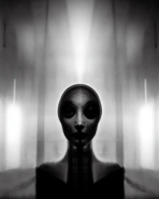 Image similar to black and white high quality photo of a beautiful female AI vegetal-cyborg looking into a sci-fi mirror, volumetric lighting, liminal space, brutalism, foggy, dreamy, hyperdetailed, bokeh, photorealistic, cinematic, masterpiece, Metropolis, elegant, dark, by Fritz Lang in the style of Horst P. Horst, octane render, 8K,