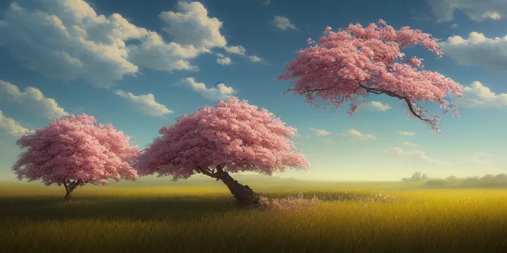 Prompt: a Sakura tree in an open field, highly detailed oil painting, unreal 5 render, rhads, Bruce Pennington, Studio Ghibli, tim hildebrandt, digital art, octane render, beautiful composition, trending on artstation, award-winning photograph, masterpiece