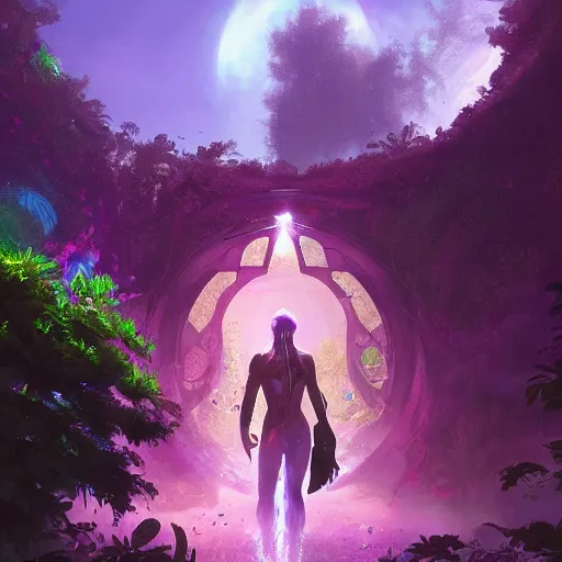 Prompt: Multiversal Portal in the center of a lush environment to a purple Ecumenopolis, illustrated by Greg Rutkowski, trending on artstation, artstationHQ, artstationHD, artstation digital artwork, large brush strokes, 4k, 8k