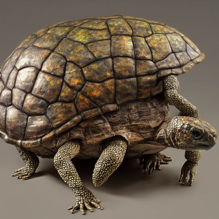 Prompt: hyperrealistic sculpture of a bronze fossilized moss tortoise dusted with iridescent spraypaint in a grid cage on a pedestal by ron mueck and duane hanson and lee bontecou, hyperrealistic dramatic colored lighting trending on artstation 8 k