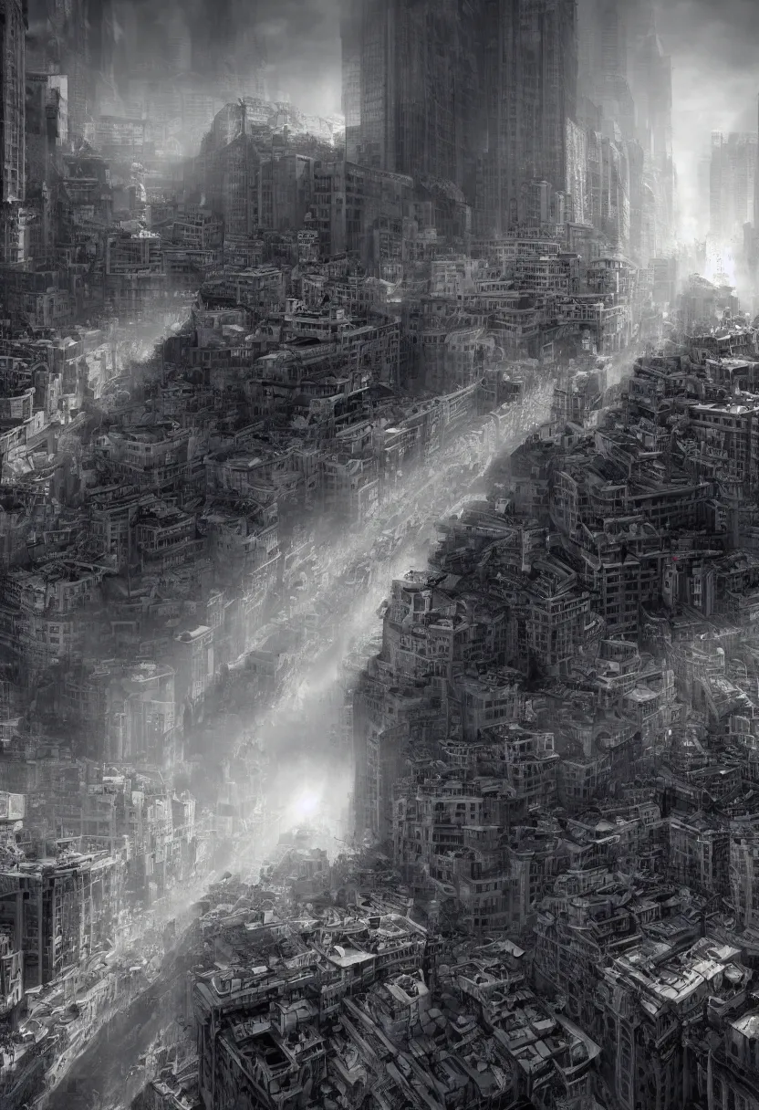 Image similar to the pure madness of urban hell as a portrait, very detailed, maximalism, ambient occlusion, volumetric light, sun beam, atmospheric haze, unreal engine, hyper realism, realistic shading, cinematic composition, realistic render, octane render, detailed textures, photorealistic, wide shot - h 1 2 0 0