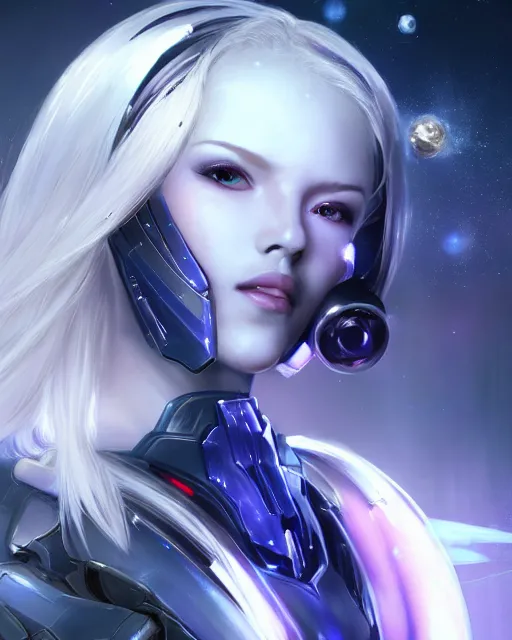 Image similar to perfect android girl on a mothership, warframe armor, beautiful face, scifi, futuristic, galaxy, nebula, raytracing, dreamy, long white hair, blue cyborg eyes, sharp focus, cinematic lighting, highly detailed, artstation, divine, by gauthier leblanc, kazuya takahashi, huifeng huang