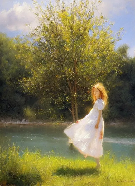 Prompt: There is a tree by the river, a girl wearing a white skirt swinging under the tree, by Vicente Romero Redondo