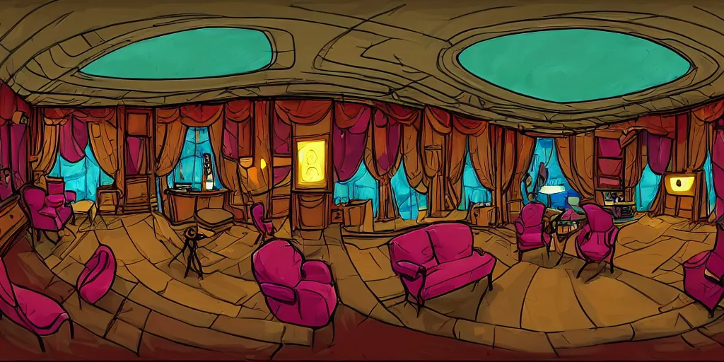 Image similar to a dimly lit, theater dressing room, with a mirror, a chair, a couch, day of the tentacle style, drawn by Peter Chan, fish eye