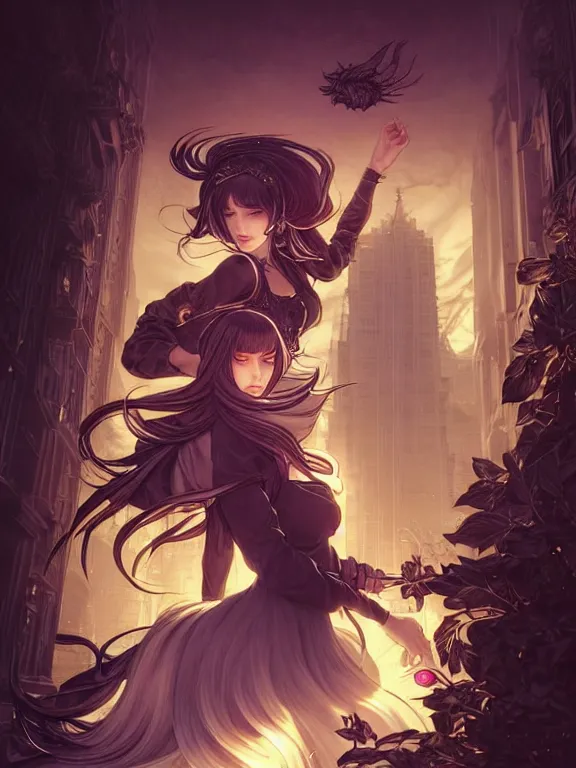 Image similar to full body picture of a female summoner with creatures in the city, coveted, beautiful and aesthetic, intricate, unreal engine, messy hair, highly detailed, detailed face, smooth, sharp focus, chiaroscuro, manga illustration, artgerm, greg rutkowski, ilya kuvshinov, rossdraws, alphonse mucha, young adult light novel cover art