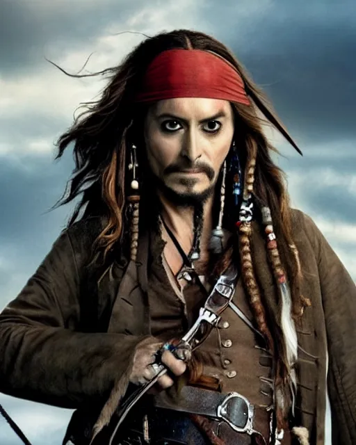 Image similar to David Tennant in the role of captain jack sparrow, film still, amazing short, 8K, IMAX, ultra detailed