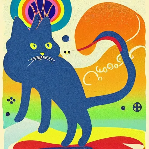 Image similar to 6 0 s hippie poster illustration of a cat made of flowing rainbows by pascal blanche and bonnie mclean and wes wilson, 8 k, artstation