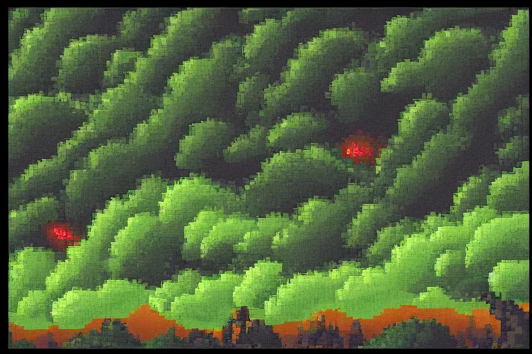 Image similar to landscape, summer, rain, evening, beautiful cloud, quiet, no people, sharp focus, intricate, trending on artstation, trending on deviantart, pixelart, pixelperfect, pixel art, pixel, color limit, nearest neighbor, hard edges