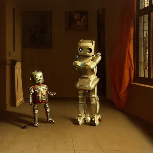 Image similar to an old painting of a robot from 1 8 5 0 raising a young little human child by jan van eyck, holding hands, ancient environment, aesthetic, 8 k, realistic painting, 4 k, trending on artstation, very detailed, photorealistic lighting