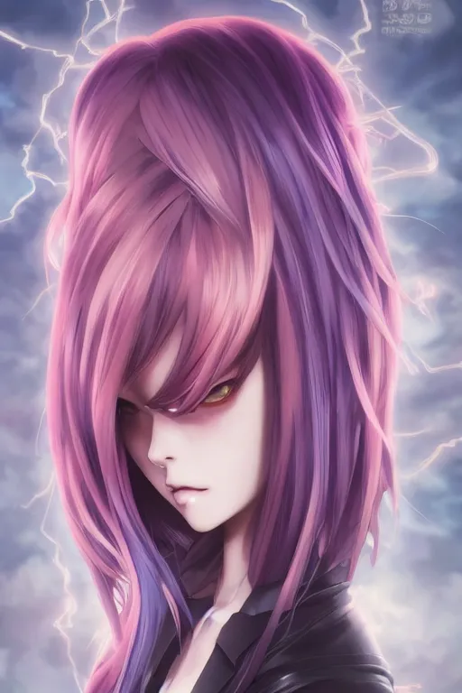 Image similar to anime manga girl with lightning hair, straight on, by artgerm, james jean, tom bagshaw, gerald brom, vaporwave colors, lofi colors, vaporwave, lofi, goth vibe, 4 k, smooth, hd, substance designer render, full body character concept art, concept art, symmetrical, perfect face, detailed face,
