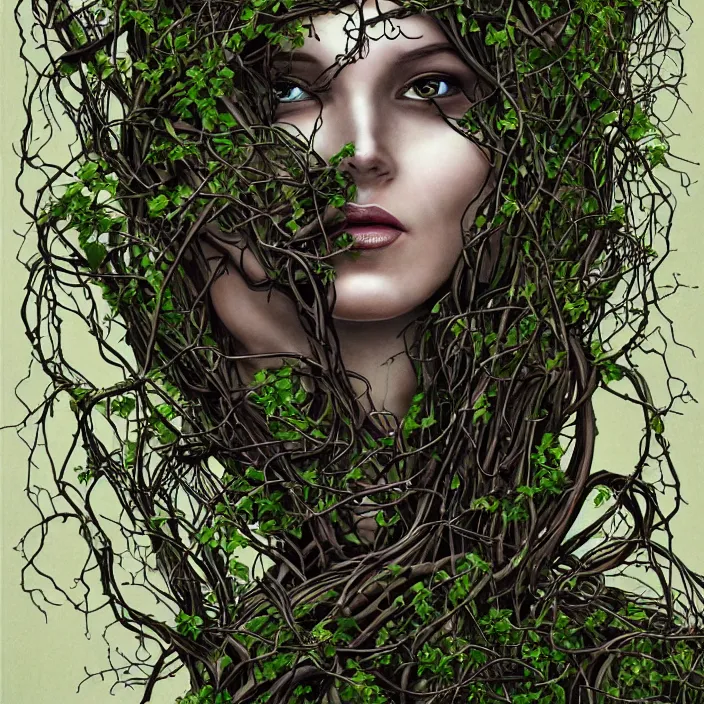 Prompt: robotic woman goddess, artificial intelligence, portrait, entwined in vines, branches and ivy, dark forest theme, sci - fi, highly detailed, elegant, hyper - realistic