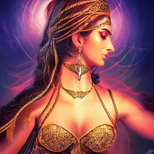 Prompt: photo of a beautiful female bellydancer, sharp focus, illustration, ultra real, masterpiece, glowing holy aura by magali villeneuve and stanley artgerm lau, wlop in the style of 1 3 ghosts