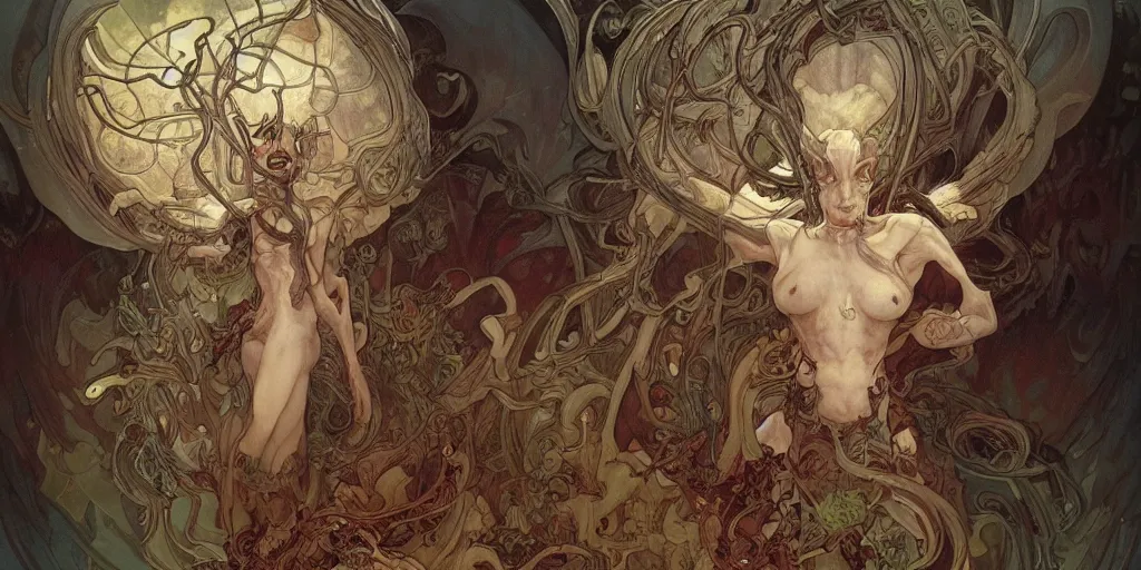 Prompt: epic concept illustration of a fungus demon god, by james jean, by artgerm and greg rutkowski and alphonse mucha. uhd, amazing depth, cinematic lighting, glossy wet levitating floating fungus god with arms outstretched.