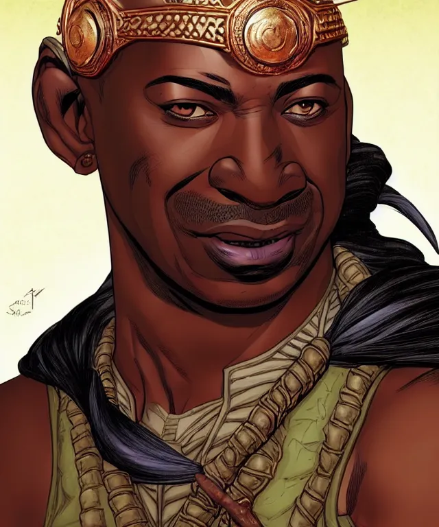 Prompt: a ( fantasy comic ) ( cover art ) portrait of a bedouin warrior who looks like ( michael clarke duncan ), digital illustration by jenny frison and sana takeda and kentaro miura, fine inking lines, vivid colors, dnd, highly detailed!, hd, 4 k, trending on artstation