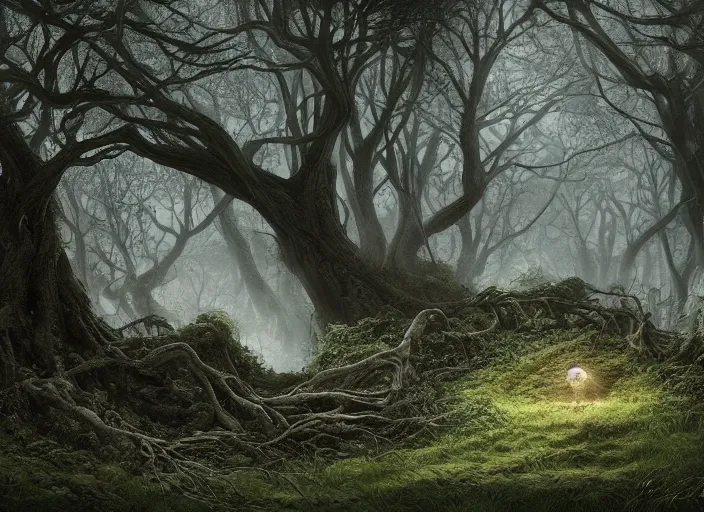 Prompt: secret garden, fallen tree, dark, scary, in the style of pan's labyrinth movie, hyperrealistic, coherent composition, concept art, matte painting, artstation, caspar friedrich, wlop