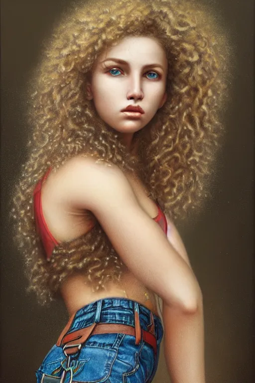 Prompt: a stunning ultra realistic fine art painting of a teenage female rock climber wearing loose jeans, blonde brunette curly hair, by tom bagshaw, studio portrait, vivid colors, detailed hair, 4K