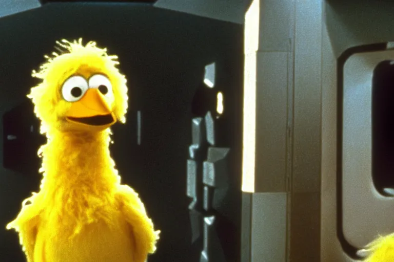 Prompt: 70mm still of Big Bird in 2001 A Space Odyssey, high quality