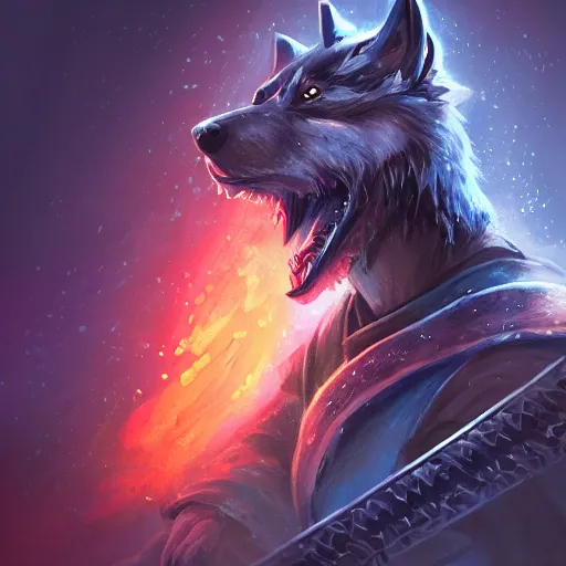 Image similar to anthropomorphic Azure samurai wolf, DnD character art portrait, fantasy battleground, raining, fire, oil painting, heroic pose, magic the gathering artwork, D&D, fantasy, cinematic lighting, centered, symmetrical, highly detailed, digital painting, artstation, concept art, smooth, sharp focus, illustration, volumetric lighting, epic Composition, 8k, art, DeviantArt, trending on Artstation, Jason Felix, Steve Argyle, Tyler Jacobson, Peter Mohrbacher, Akihiko Yoshida, Greg Rutkowski, Craig Mullins, Frank Frazetta, cinematic lighting