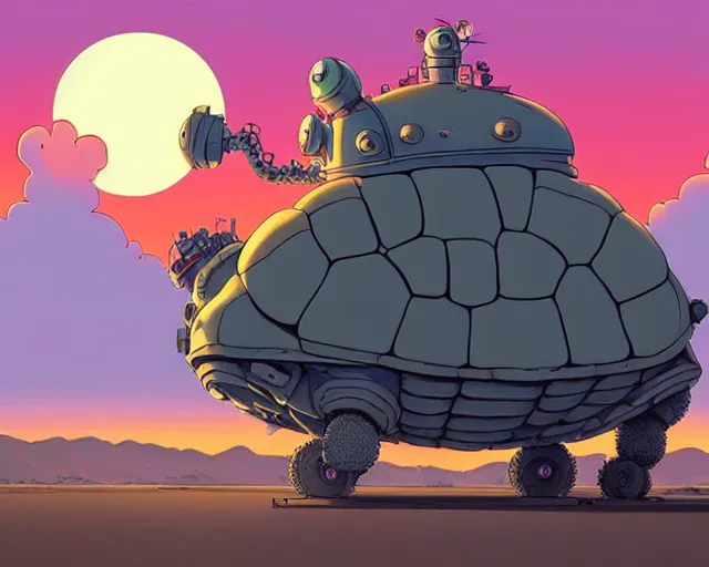 Image similar to a cell shaded cartoon giant grey lovecraftian mechanized turtle from howl's moving castle ( 2 0 0 4 ), with a big head, on a desert road, wide shot, sunset, golden hour, post grunge, concept art by josan gonzales, wlop, by james jean, victor ngai, hq, deviantart, art by artgem