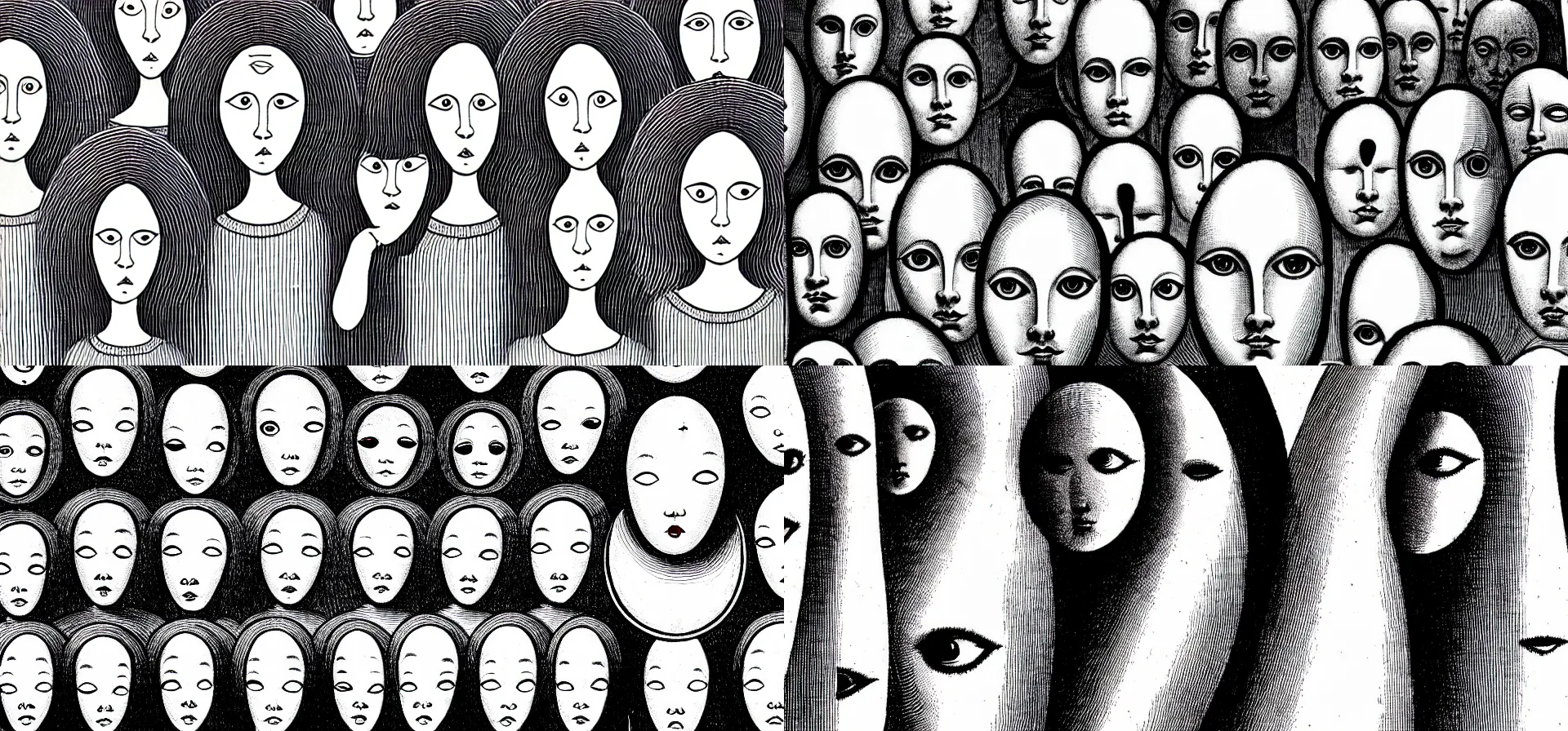 Prompt: angels with oval heads many eyes, surreal, thick lines
