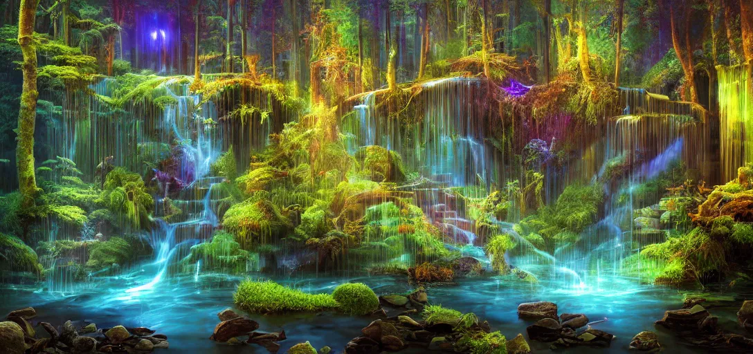 Prompt: beautiful fantasy view of forest waterfall at night, bioluminescence, glowing water with caustics, dappled light, reflections, liquid refraction, calm lighting, ultra detailed, sharp, ambient occlusion, raytracing, vibrant, vivid colors, artistic, by dylan cole, sebastian meyer and jordan grimmer