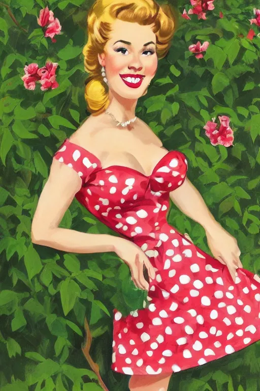 Prompt: a full view portrait of a beautifull woman, wearing a dress,with a beautifull smile,a garden background.in american style pin up.anatomically correct