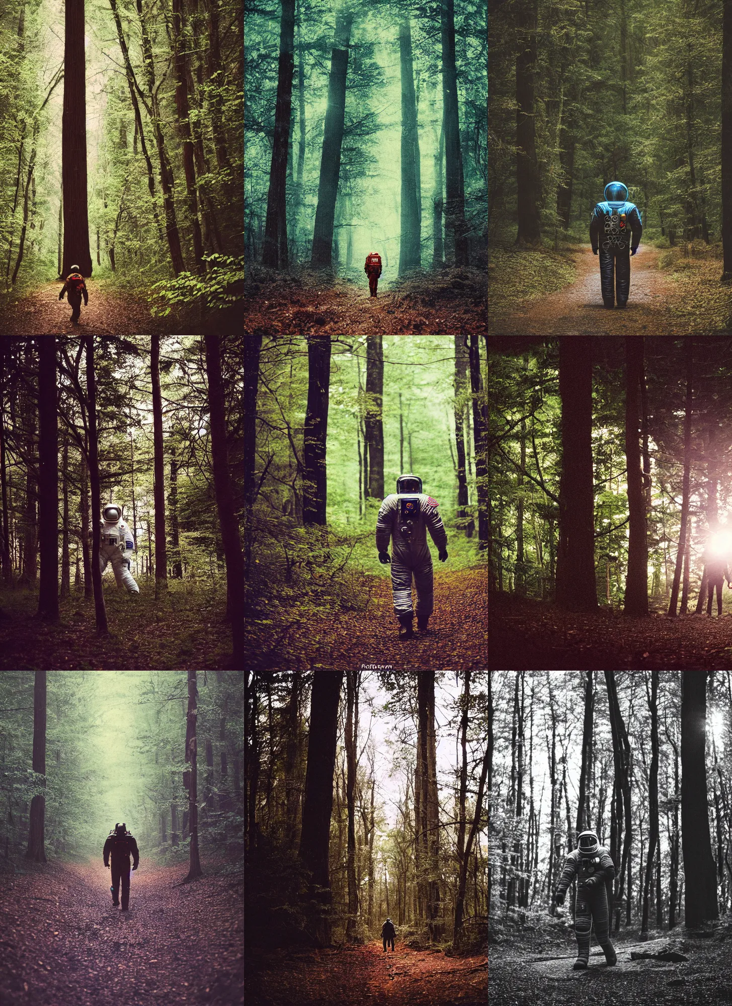 Prompt: a 3 5 mm photo of a giant oversizec american astronaut in spacesut walking in the woods, splash art, movie still, bokeh, canon 5 0 mm, cinematic lighting, dramatic, film, photography, depth of field, award - winning, backlighting, overcast, 8 k, hyper detailed, 3 5 mm film grain