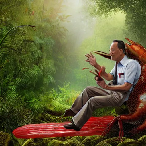 Prompt: Tom Hanks as forrest gump sitting on a giant shrimp in the jungle, realistic digital painting, in the style of Frederic St-Arnaud, photoreailstic, realistic face, amazing detail, sharp