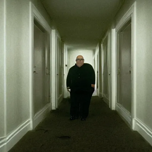 Prompt: Two Danny Devito twins standing in an eerie long dimly lit hallway in the style of The Shining (1980)