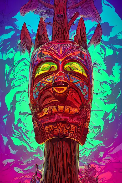 Image similar to totem animal tribal chaman vodoo mask feather gemstone plant wood rock video game illustration vivid color borderlands by josan gonzales and dan mumford radiating a glowing aura global illumination ray tracing