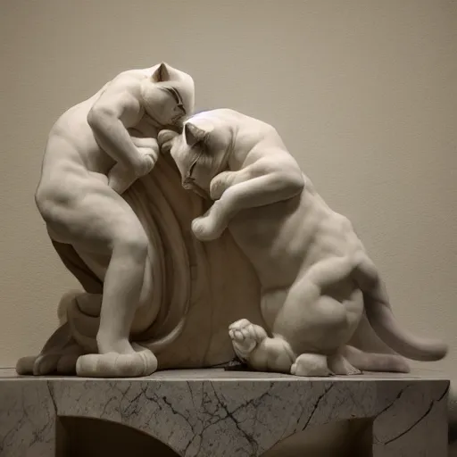 Prompt: two cats play with flowing cloths, marble sculpture, Geovanni Strazza, Bernini, Greek, studio lighting, smooth, bright, 4K, photography, contrast, beautiful lighting, volumetric lighting