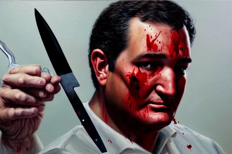 Image similar to portrait of ted cruz with a knife as the zodiac killer bloodied, an oil painting by ross tran and thomas kincade