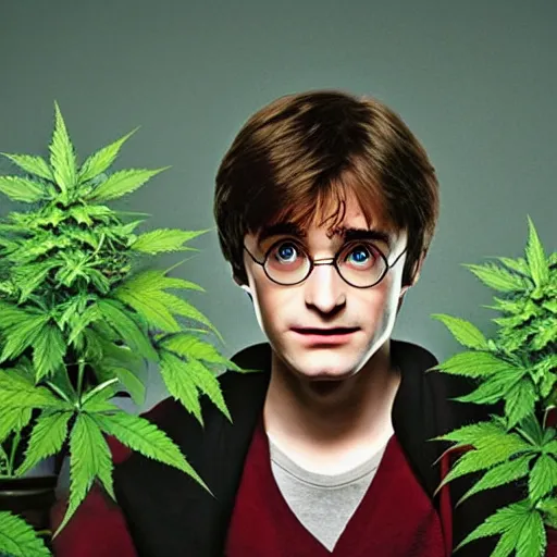 Prompt: harry potter surrounded by green dense weed kush plants, smoke in front, smoke behind, smoke background, red eyes, smoking weed