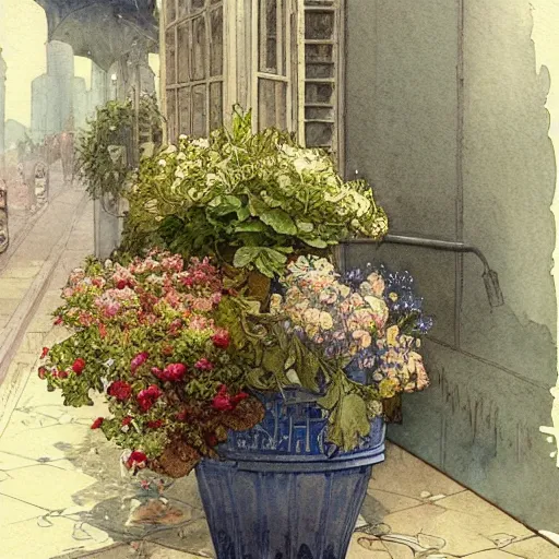 Image similar to a beautifull intricate watercolor painting of potted planter with flowers inside sitting on wet sidewalk, reflexions, high details by william turner art, greg rutkowski and alphonse mucha, trending on artstation, very very detailed, masterpiece,