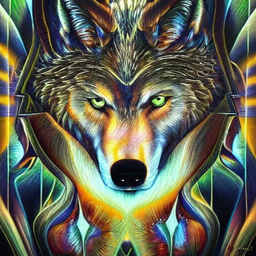 Image similar to spirit wolf by GEOGLYPHIKS by FABIÁN JIMÉNEZ by MICHAEL DIVINE by AMANDA SAGE in the style of oil painting visionary art, intricate oil painting artwork. , trending on artstation, very coherent symmetrical artwork, oil painting