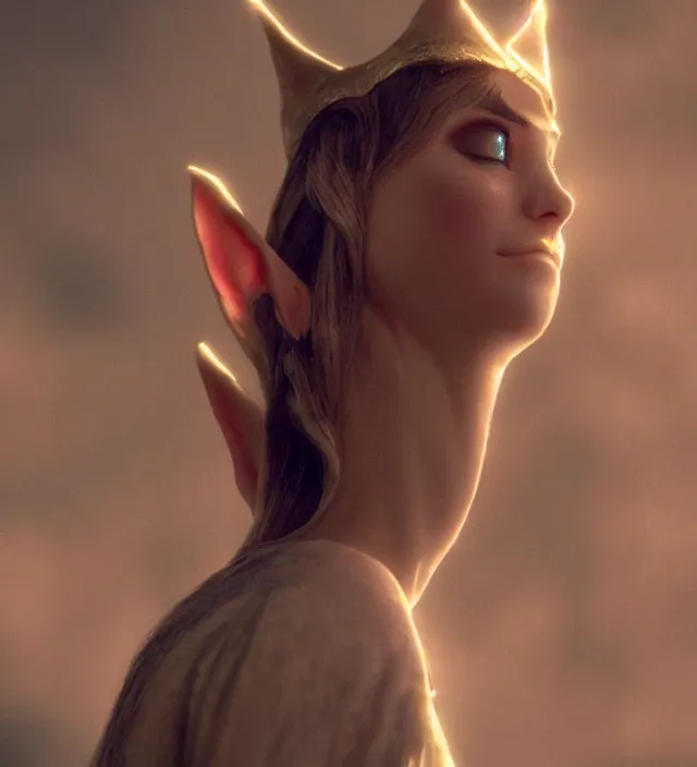 Image similar to portrait of a female magic elf on her knees, looking up, praying for her life, d & d, movie still frame, hd, remastered, film grain, cinematic lighting