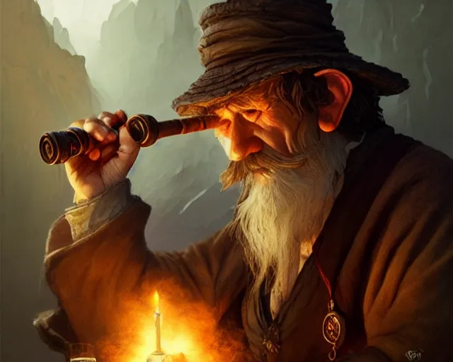 Image similar to old hobbit smoking a pipe, deep focus, d & d, fantasy, intricate, elegant, highly detailed, digital painting, artstation, concept art, matte, sharp focus, illustration, hearthstone, art by artgerm and greg rutkowski and alphonse mucha