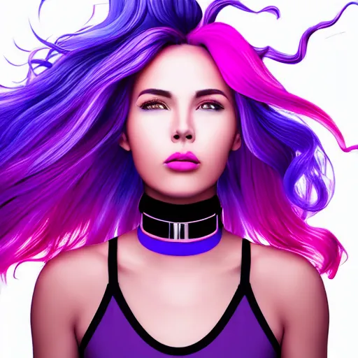 Image similar to a award winning action upper body portrait of a beautiful woman with a ombre purple pink hairstyle with head in motion and hair flying, choker, outrun, vaporware, vivid colors, highly detailed, fine detail, intricate