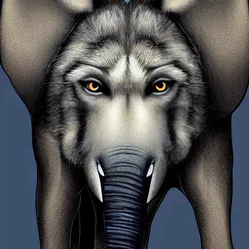 Image similar to a wolf merged with an elephant, photomorph artwork
