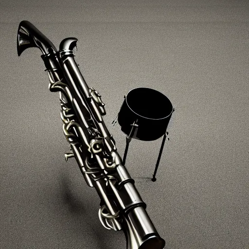 Image similar to trumpet gun, a trumpet with a trigger, magazine, and stock, high quality, unreal engine 5 render, high quality render, octane render, photo realistic, ultra detail, cinematic lighting, realistic