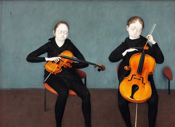 Prompt: two young violin players getting ready to perform, francis bacon and pat steir and hilma af klint and james jean, psychological, photorealistic, intriguing details, rendered in octane, altermodern