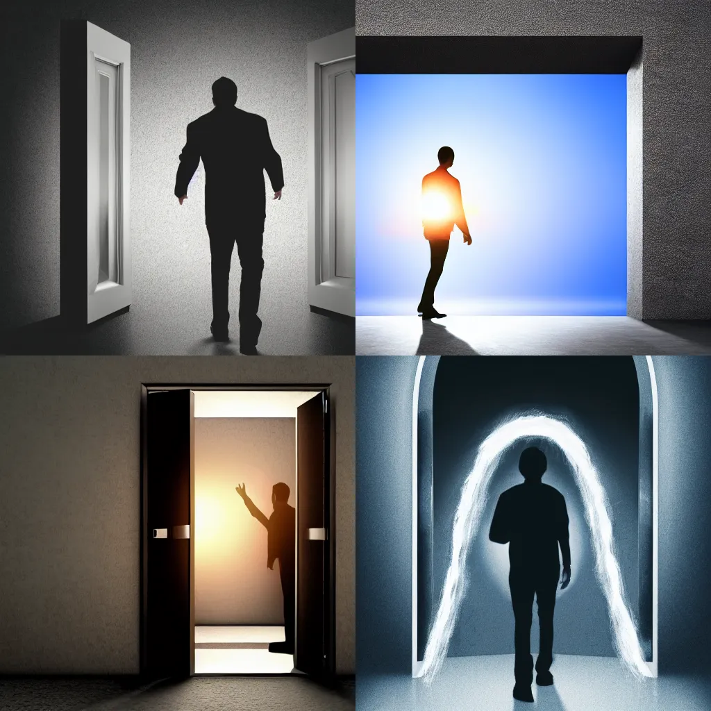 Prompt: Sideview of a man walking through a mystical door to another dimension