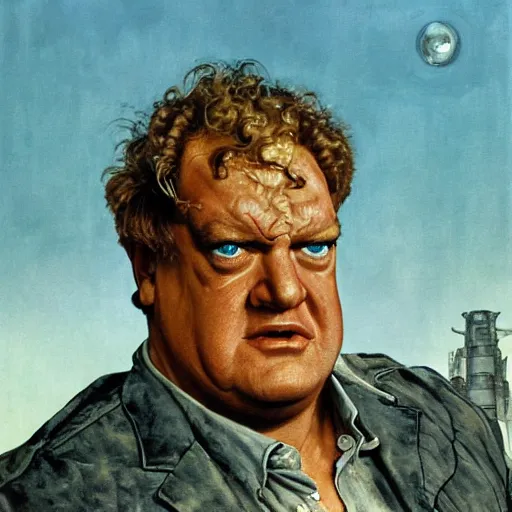 Image similar to head and shoulders portrait of actor Kenneth McMillan as baron harkonnen apoplectic with anger in dune 1982 movie, background dystopian scifi palace, painted by norman rockwell and tom lovell and frank schoonover