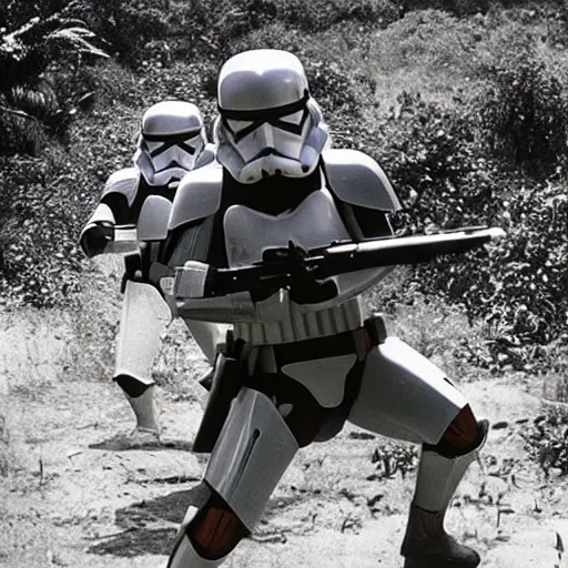 Image similar to star wars clone troopers combat soldiers in vietnam, photo, old picture, lush landscape, jungle, firearms, explosions, helicopters, aerial combat, active battle zone, flamethrower, air support, jedi, land mines, gunfire, violent, star destroyers, star wars lasers, sci - fi, jetpacks, agent orange, bomber planes, smoke, trench warfare